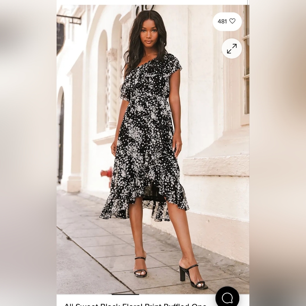 All Sweet Black Floral Print Ruffled One-Shoulder Midi Dress